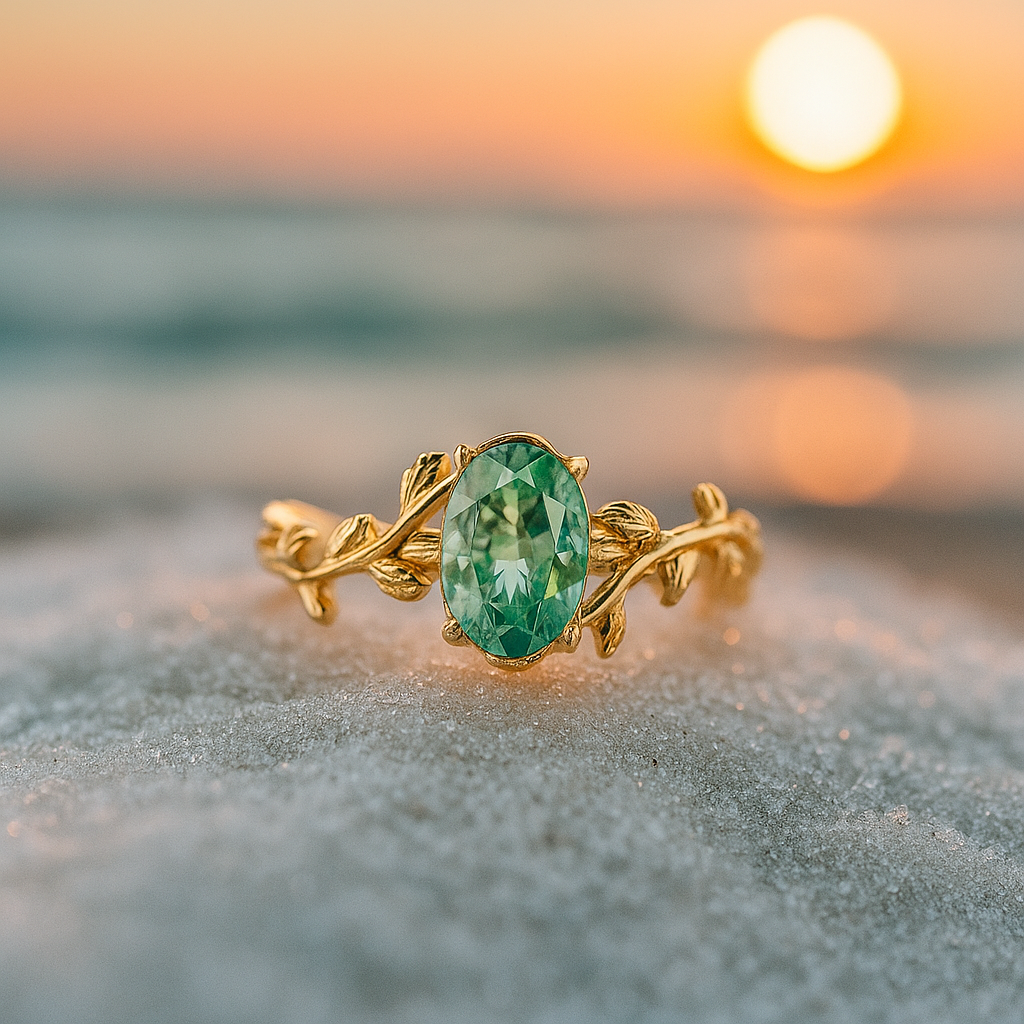 Gylden ring med blå agat og blomstermotiv