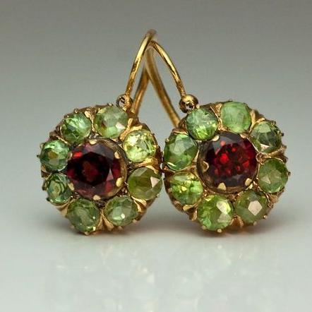 Vintage Runde Grønne & Røde Krystalearring