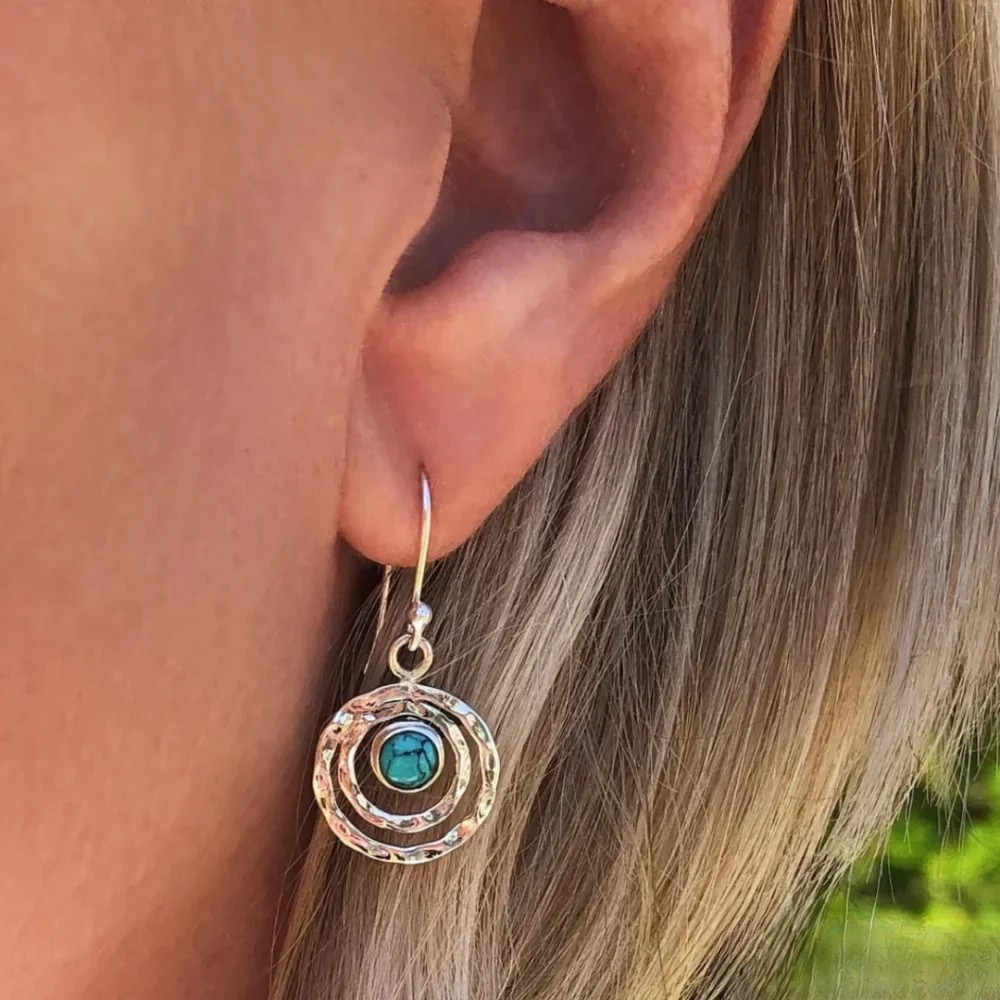 Bohemian Saturn Earrings with Turquoise Stone in Silver and Gold
