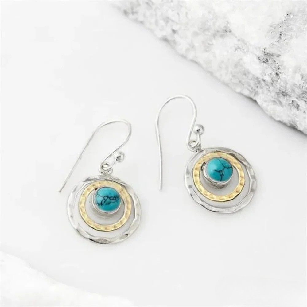 Bohemian Saturn Earrings with Turquoise Stone in Silver and Gold