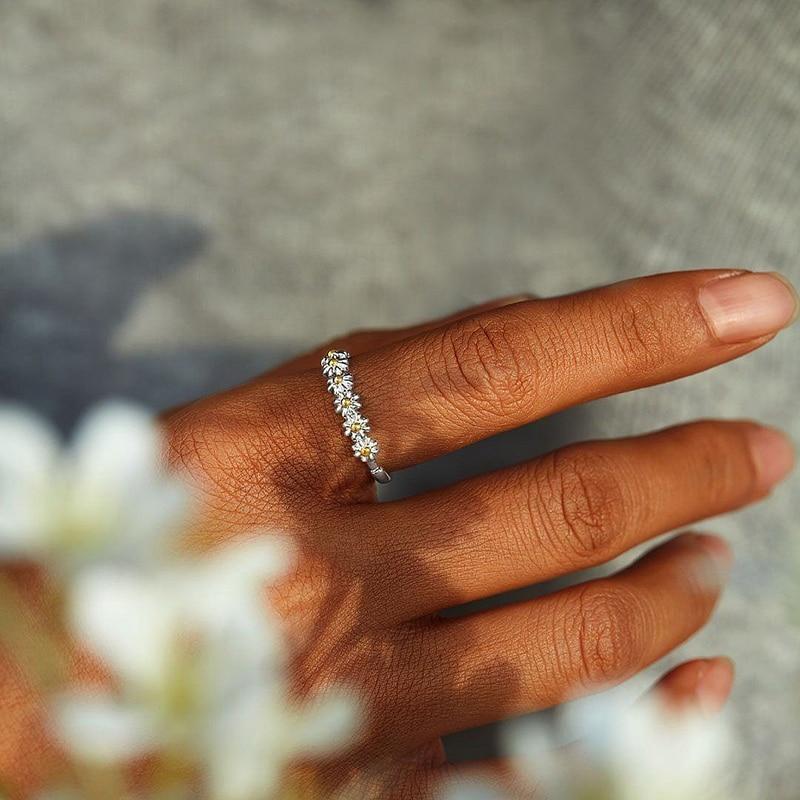Justerbar Sølv Daisy Ring Hånd-Emalje