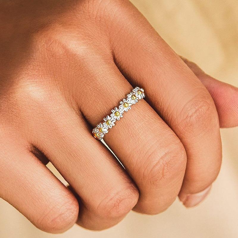 Justerbar Sølv Daisy Ring Hånd-Emalje