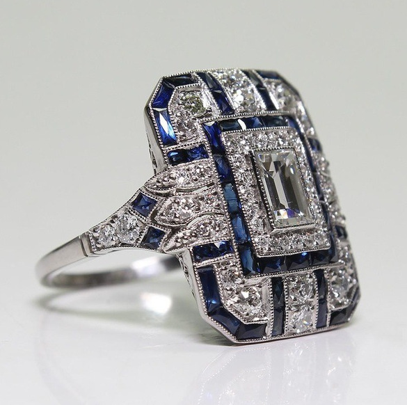 Vintage ring i blankt sølv og blå zirkonium