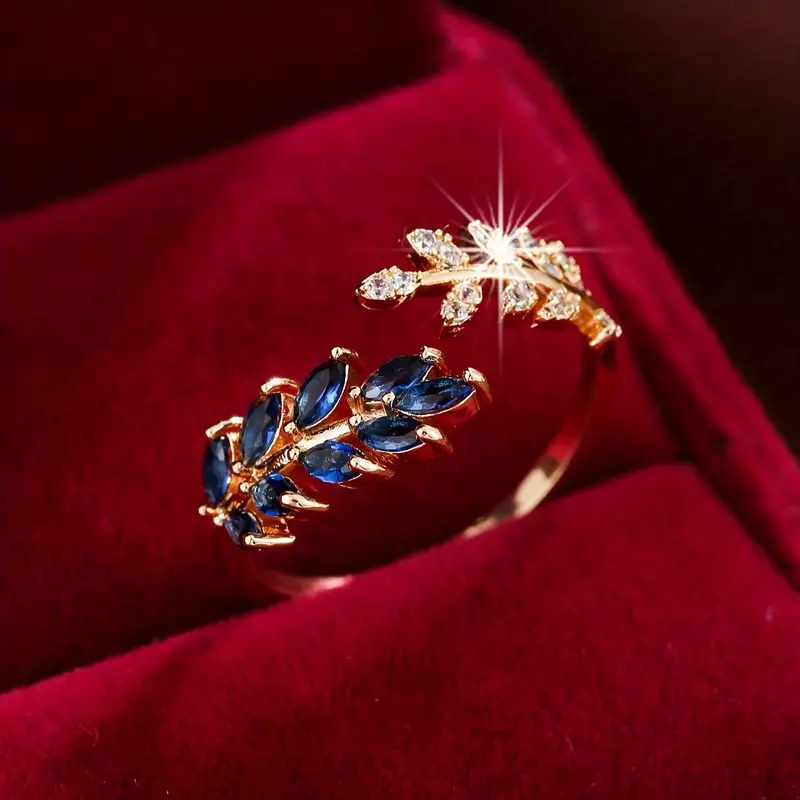 Åben Blå Blatt-Zirkonia Guld Ring